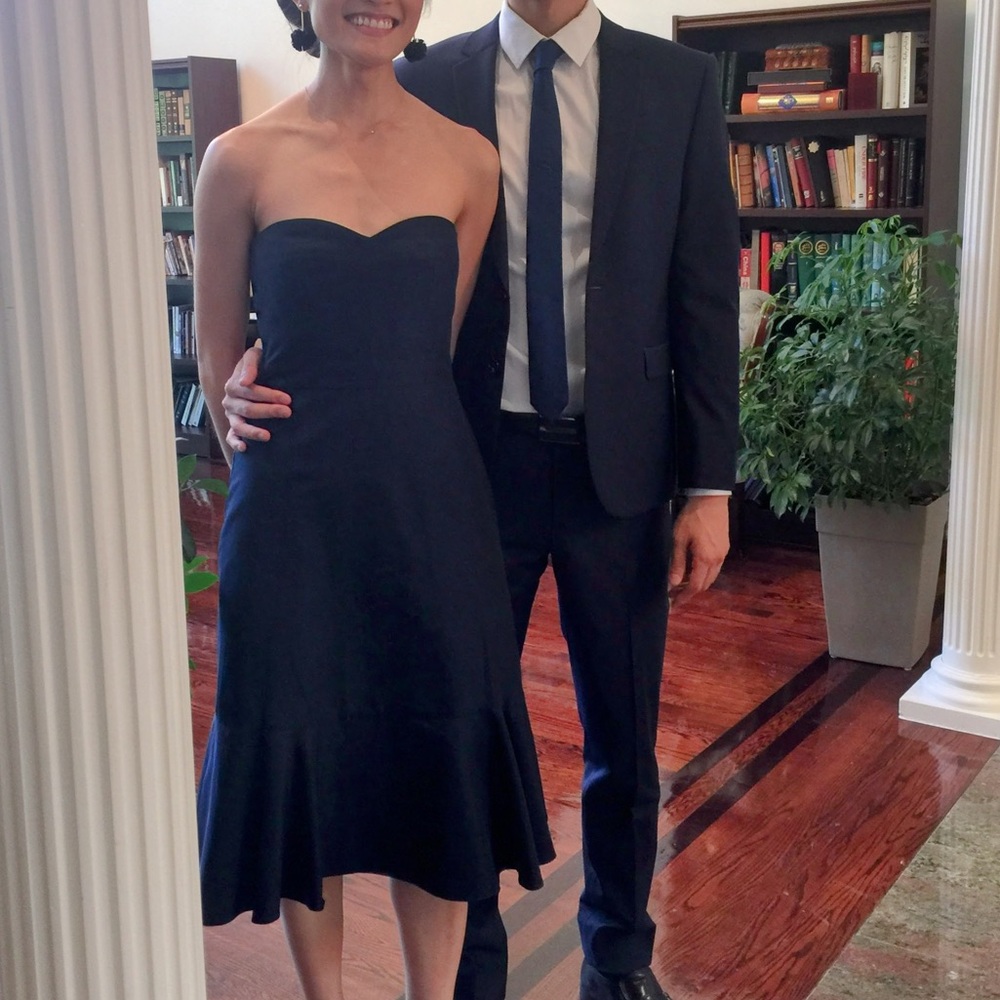 J. Crew Blue Strapless Ruffled Sheath Dress
